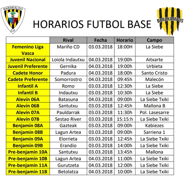 Horarios Fútbol Base Y Femenino - Barakaldo CF